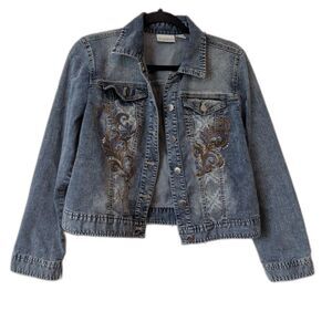 Platinum Chico’s Island Scroll Denim Jean Jacket Size M (1) Vintage Y2K
